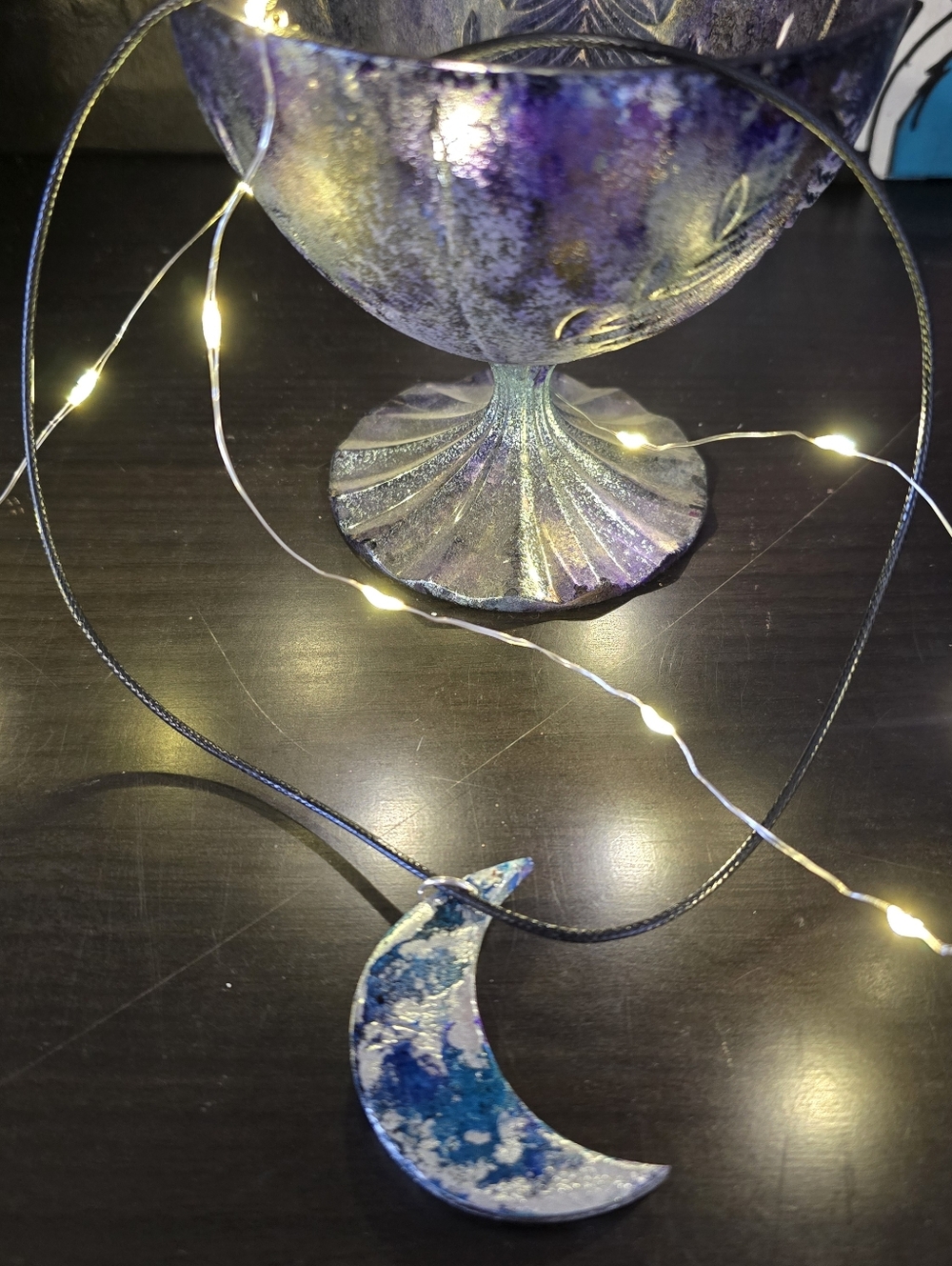 HANDCRAFTED Wood Crecent Moon Necklace HANDPAINTED Jewelry ARTISAN MADE Choker